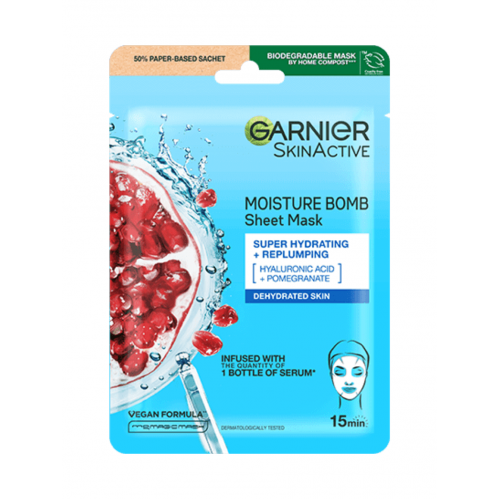 Garnier Skinactive Moisture Bomb Υφασμάτινη Μάσκα Ενυδάτωσης με Ρόδι και Υαλουρονικό Οξύ